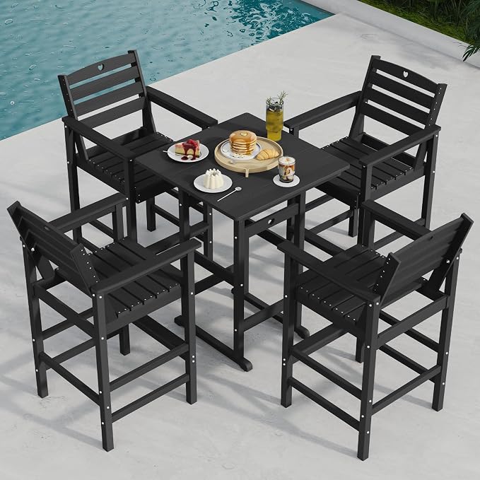 5-Piece Bar Height Outdoor Table and Chairs Set, HDPE Wood Grain Patio Bar by Orbcove