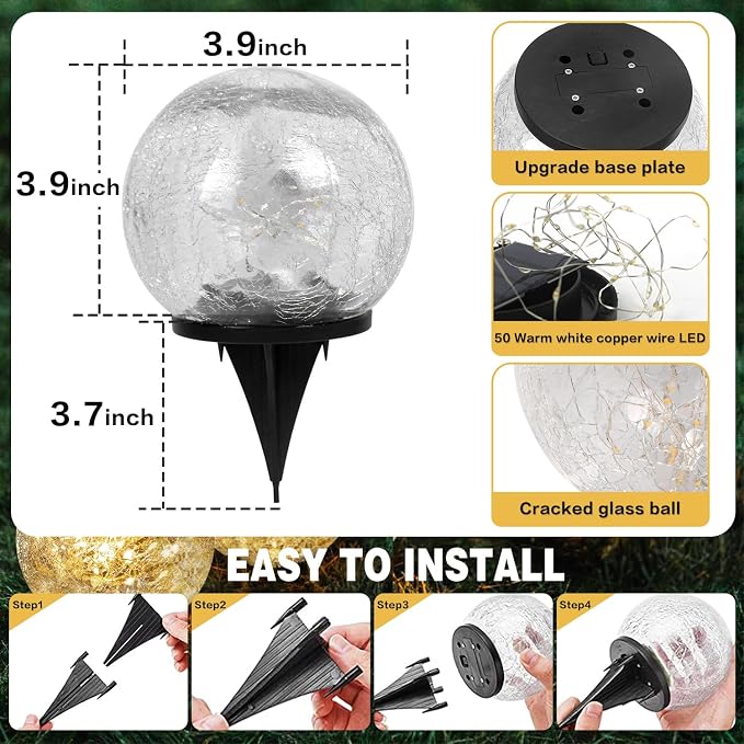 Solar Garden Lights Outdoor Waterproof, 4 Pack 30 LEDs Cracked Glass Ball Light - Image 5