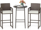 Tangkula 3 Piece Patio Bar Set, Outdoor Wicker Bar Height Glass Top Table & 2 by TANGKULA