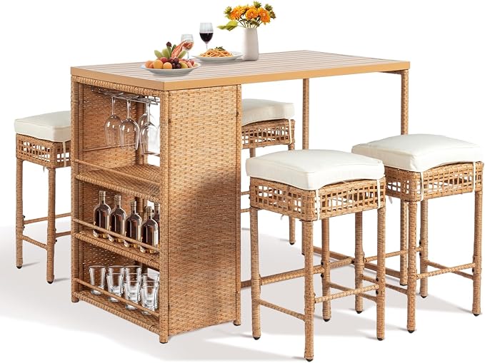 Outvita 5-Piece Outdoor Bar Set, Wicker Rattan Bar Height Patio Set w/4 Cushion by Outvita