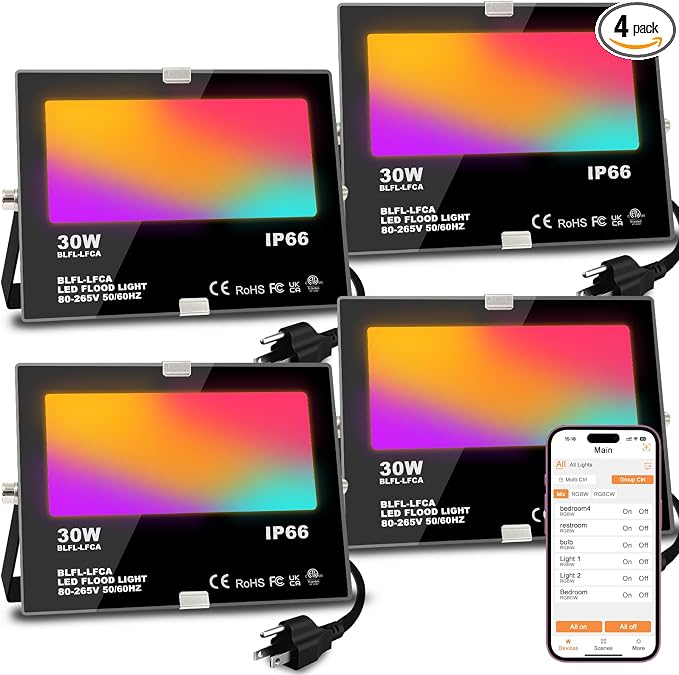 LED Flood Light Outdoor 30W, 300W Equivalent 3000LM Smart RGB Landscape Lighting by MELPO