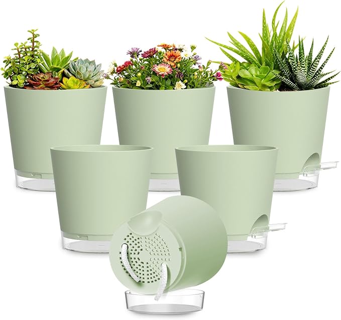 Plant Pots 7 Inch Self Watering Pots, 6 Pack Plastic Planters by SQKH