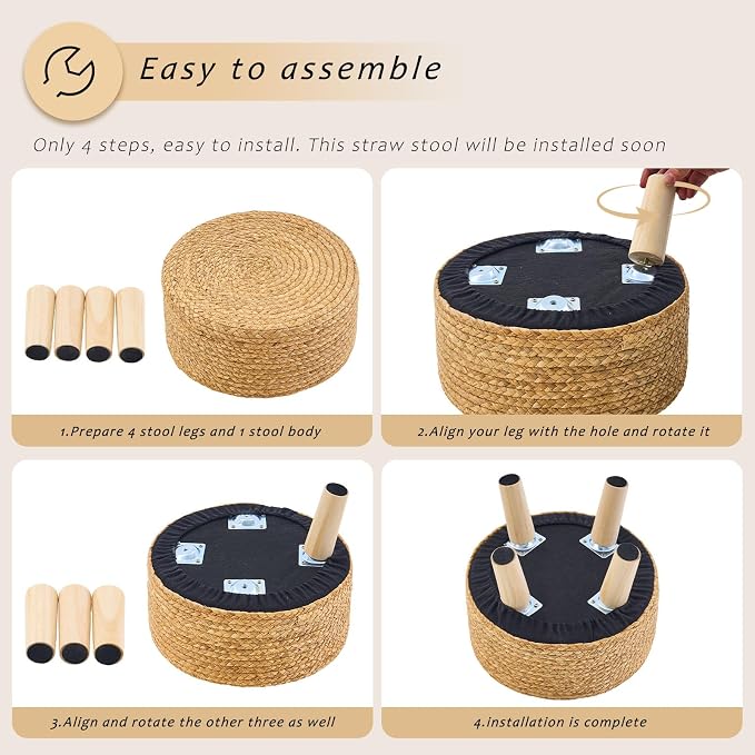 Handwoven Round Ottoman, Natural Water Hyacinth Outdoor Patio Pouf Seagrass Low - Image 7