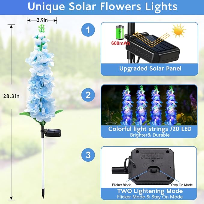 Solar Garden Lights, Solar Blue Delphinium Flowers Lights 8 Pack 160 LEDs - Image 2