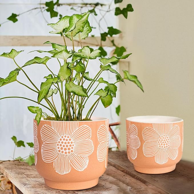 YBX 8 Inch + 6 Inch White Flower Pattern Plant Pots, Sand Glazed Ceramic Planter - Image 2