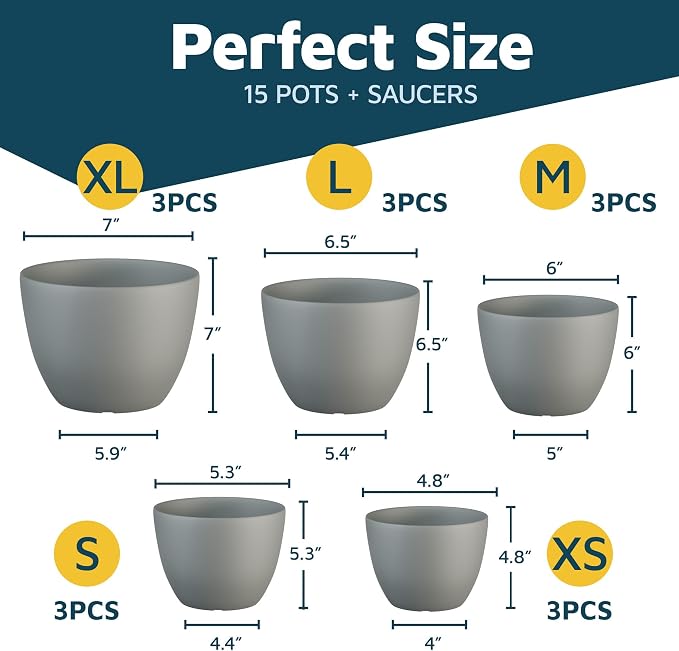 Gray Plant Pots with Drainage Holes & Saucers 15 Pack, Indoor & Outdoor - Image 2