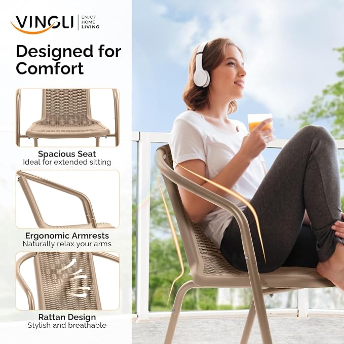 VINGLI PE Rattan Outdoor Dining Chairs Set of 2, Plastic Stackable Patio Chairs - Image 5