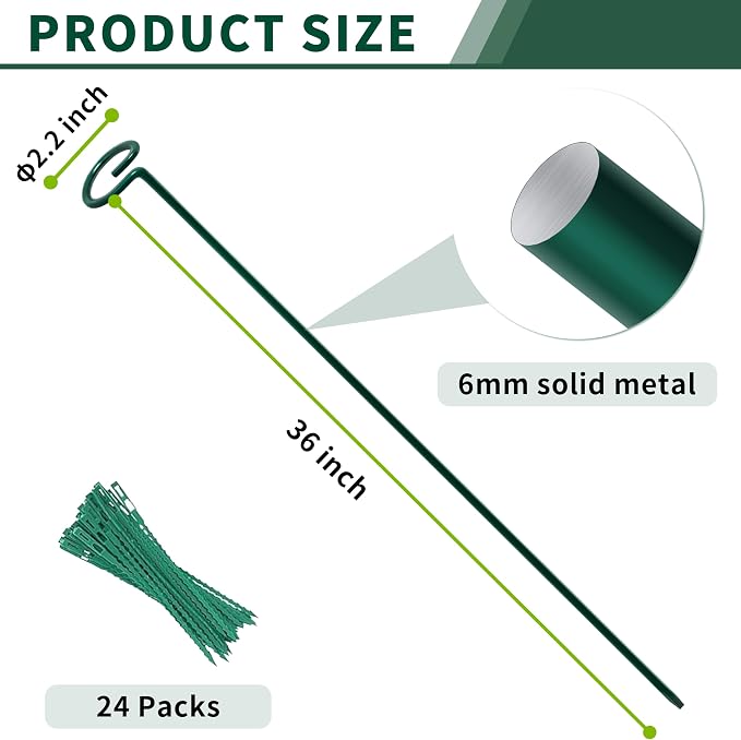 36” Tall Plant Stakes, 12 Pack Plant Support Stakes, 6mm Heavy-Duty Metal - Image 2