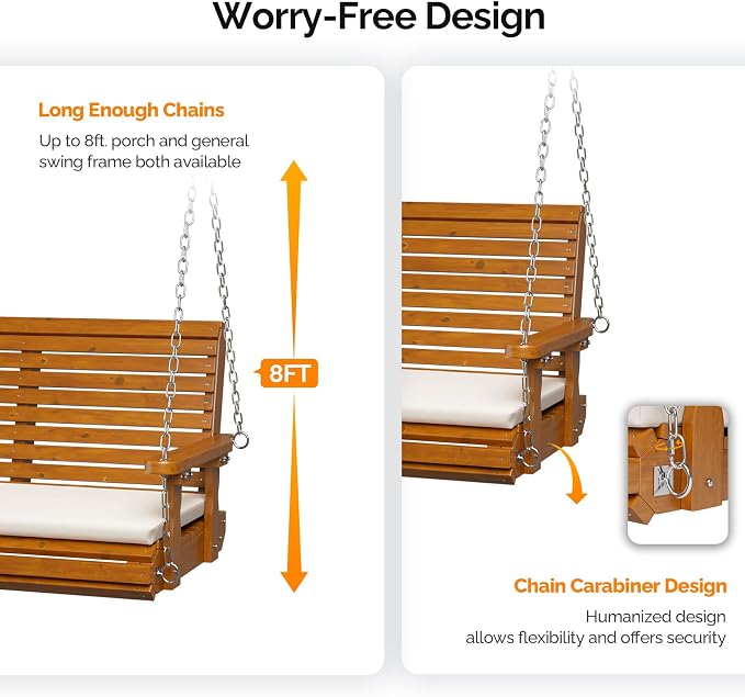 VINGLI Wooden Porch Swing, Heavy Duty 880 LBS Hanging Patio Bench - Image 3