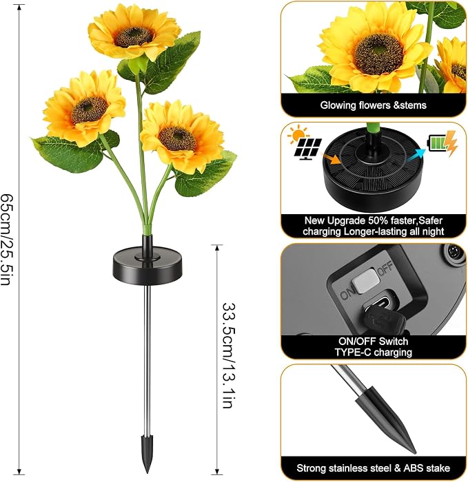 Upgraded Solar Sunflower Lights, 2 Pack Solar Garden Lights - Image 3
