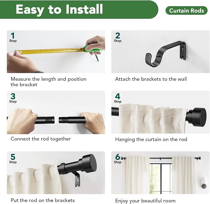 Time Forest Curtain Rods for Windows 32 to 240, 1 Inch Adjustable Black Heavy - Image 9