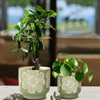 YBX 8 Inch + 6 Inch White Flower Pattern Plant Pots, Sand Glazed Ceramic Planter - Image 4