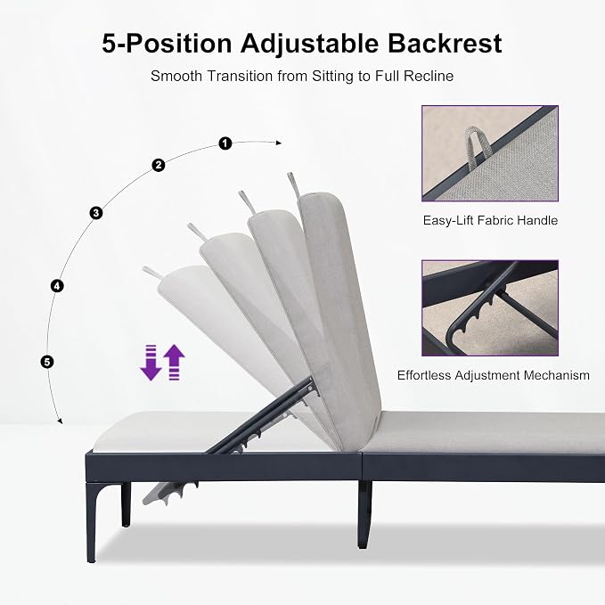 PURPLE LEAF 1 Piece Outdoor Chaise Lounge Aluminum Adjustable Patio Lounger - Image 3