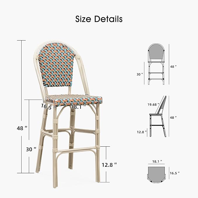 PURPLE LEAF French Bar Stool Set of 4 White Print Finish Patio Bar Stools - Image 6