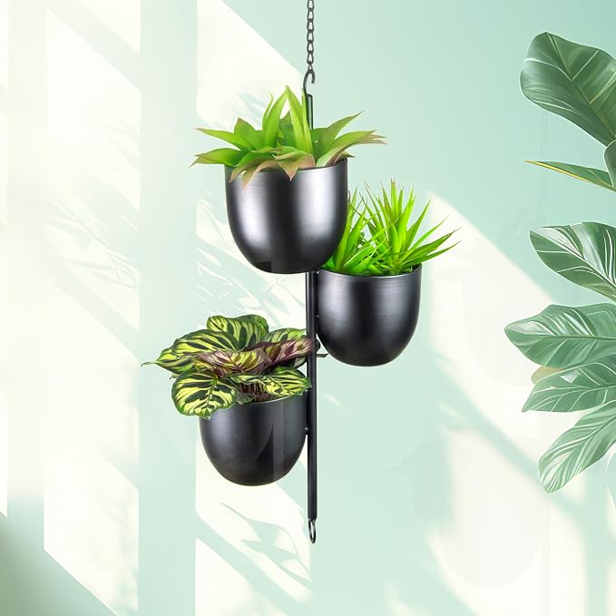 3 Tier Hanging Planters for Indoor & Outdoor, Stackable Black Metal Plant Hanger - Image 7