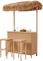 HOMREST Outdoor Tiki Bar Set, 3 Pieces Wicker Patio Bar Set w/2 Height Stools - Image 9