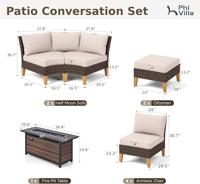 PHI VILLA 9-Piece Half Moon Patio Furniture Set - Image 2