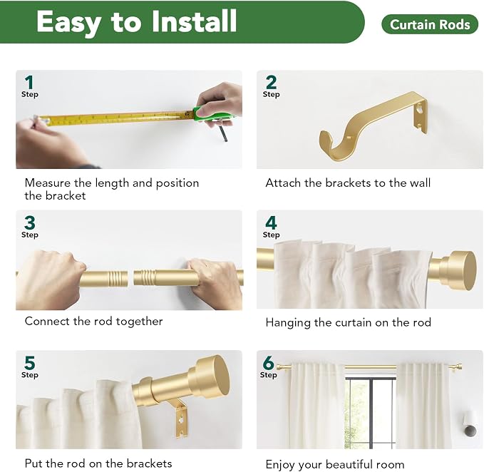 Curtain Rods for Windows 48 to 84, 1 Inch Adjustable Gold Heavy Duty Long - Image 8