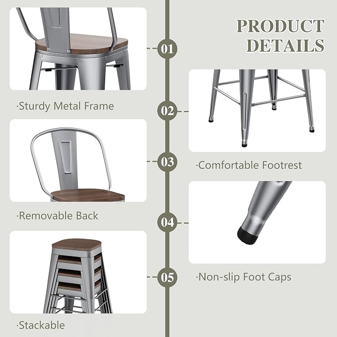 Yongqiang 30 inch Bar Stools Set of 4 Modern Farmhouse Bar Height Stools - Image 6