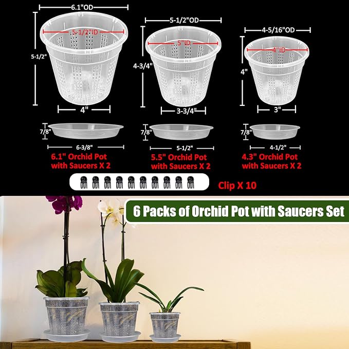 Orchid Pot with Saucers, 2 Each of 4.3", 6.1" Orchid Pots with Holes - Image 7