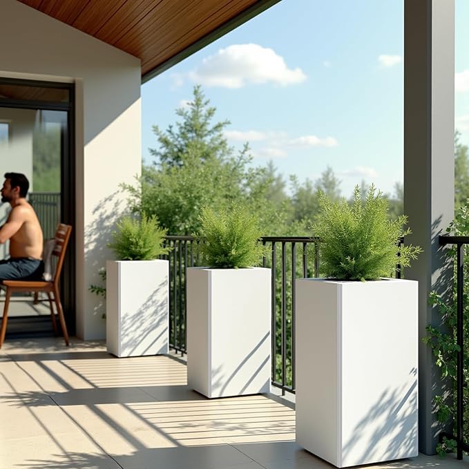 Galvanized Steel Metal Planter, 28 Inch White Square Outdoor Planters - Image 3