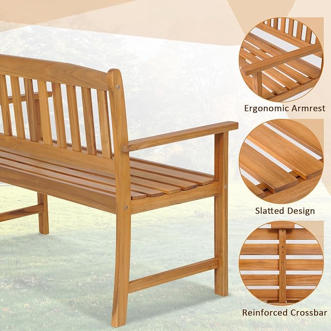 COSTWAY Wooden Bench Outdoor, Sturdy Outdoor Acacia Wood Bench - Image 5