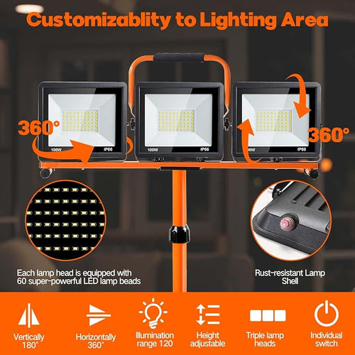 22000 Lumen Work Lights with Stand, 3 Head Portable LED Work Light, with - Image 2