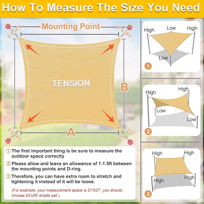KANAGAWA Sun Shade Sail Curved 20'X26' Sand Rectangle Outdoor Shade Cover UV - Image 2