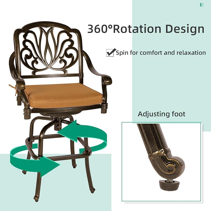 VIVIJASON 3-Piece Patio Swivel Bar Stools Set, All Weather Cast Aluminum - Image 3