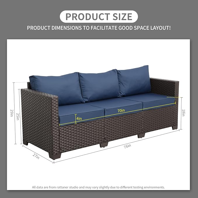 Rattaner 3-Seat Patio Wicker Sofa, Outdoor Rattan Couch Furniture Steel Frame - Image 3