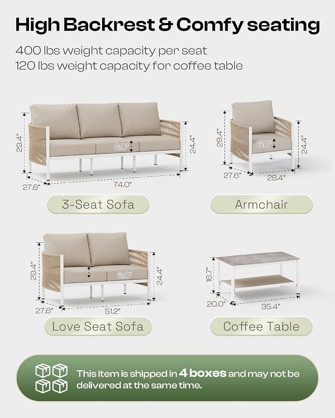 Aluminum Outdoor Patio Couch, 3 Seats HDPE Rope Patio Sofa - Image 2
