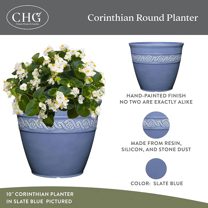 Classic Home and Garden Corinthian Resin Flower Pot Planter, Slate Blue - Image 2