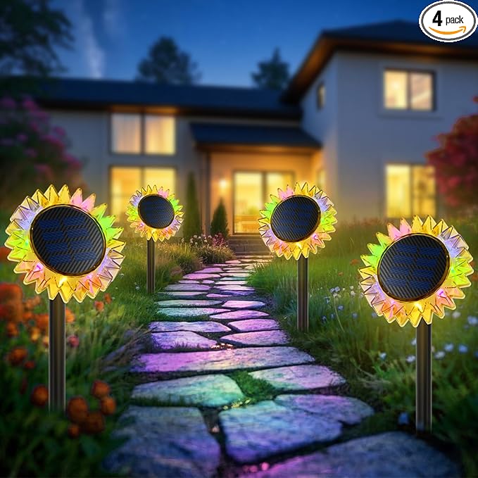 Outdoor Solar Lights, 4 Pack Upgraded Solar Sunflower Lights, Ground/Wall by GIUNN