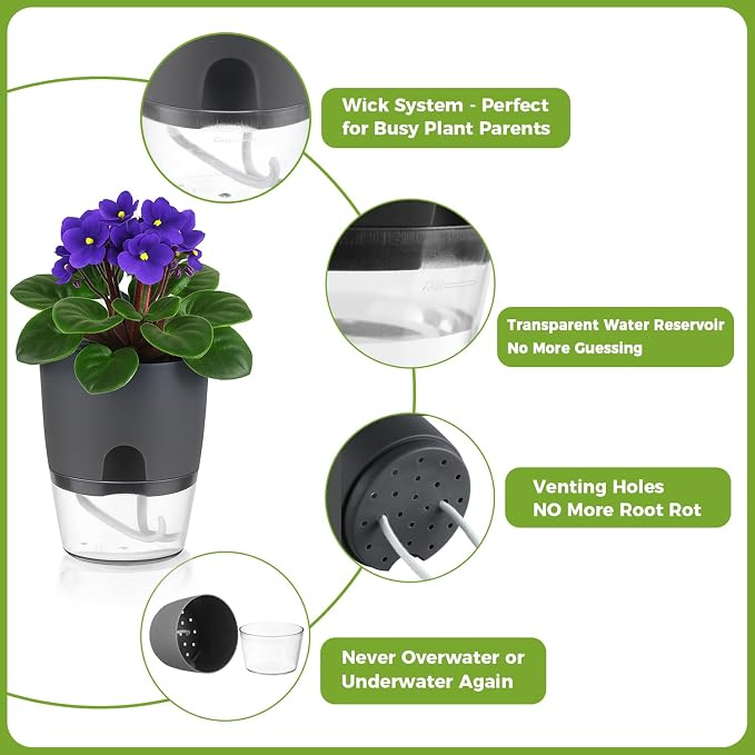 8 Pack Self Watering Pots for Indoor Plants, PlanterHoma 3.2 Inch Plant Pot - Image 6