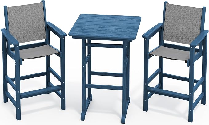 SERWALL 3 Pieces Textilene Adirondack Bar Set, Tall Adirondack Bar Height Chairs by SERWALL