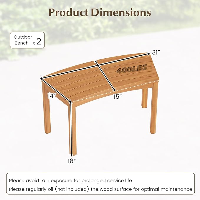 Tangkula Acacia Wood Outdoor Curved Bench Set of 2, Patio Garden Backless Fire - Image 2