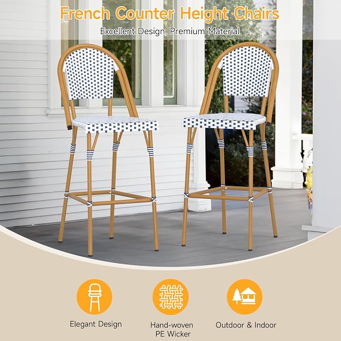 ONBRILL French Outdoor Bar Stool Set of 4, Patio Counter Height Chairs - Image 4