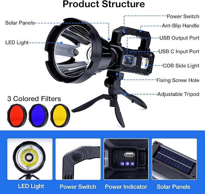 Solar Rechargeable Spotlight, 000L High Lumens Led Spot Lights Outdoor Handheld - Image 6
