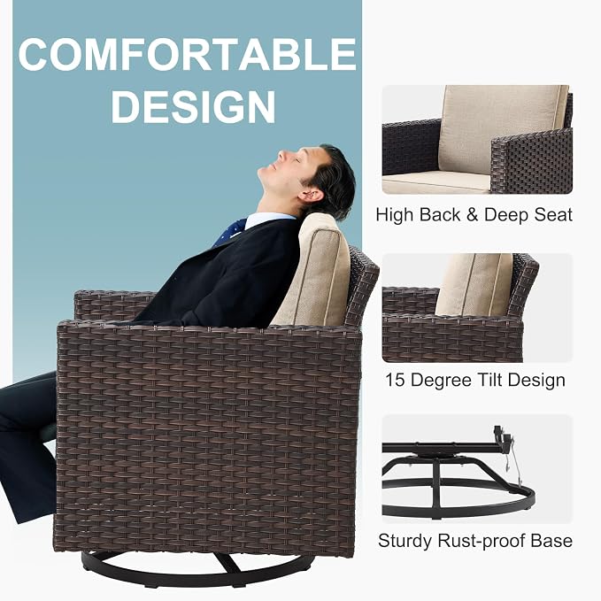 Belord Outdoor Bistro Set 3 Piece Wicker Swivel Rocker Patio Chairs, Oversize - Image 4
