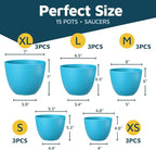 Blue Plant Pots with Drainage Holes & Saucers 15 Pack, Indoor & Outdoor - Image 2