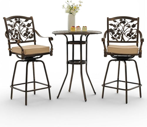 3-Piece Outdoor Bar Height Dining Set, Cast Aluminum Swivel Bar Stools by Attliahome