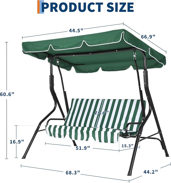Outdoor Porch Swing Chair with Adjustable Canopy & Striped Seat Cushion - Image 6