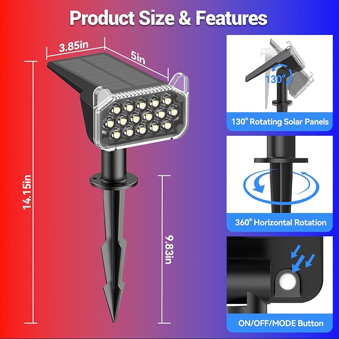 WdtPro 2 Pack Solar Color Changing Spot Lights, 10 Lighting Modes Solar Lights - Image 7