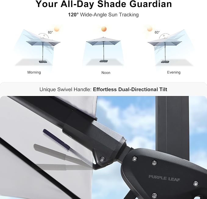 PURPLE LEAF 10 Feet Patio Umbrella Outdoor Cantilever Solar Powered LED Swivel - Image 3