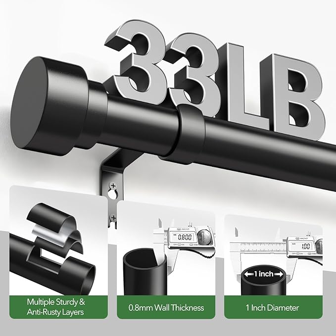 2 Pack Curtain Rods for Windows 28 to 48, 1 Inch Adjustable Black Heavy Duty - Image 4