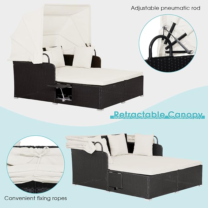 Moccha Outdoor Daybed with Retractable Canopy, Wicker Cabana with 2 Side Tables - Image 6