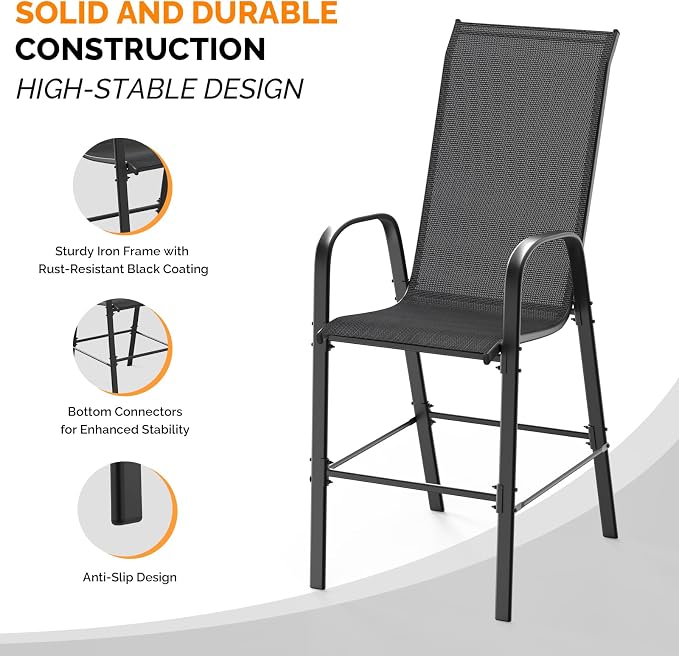 VINGLI Outdoor Bar Chairs Set of 8 – Stackable Outdoor Bar Stools - Image 5