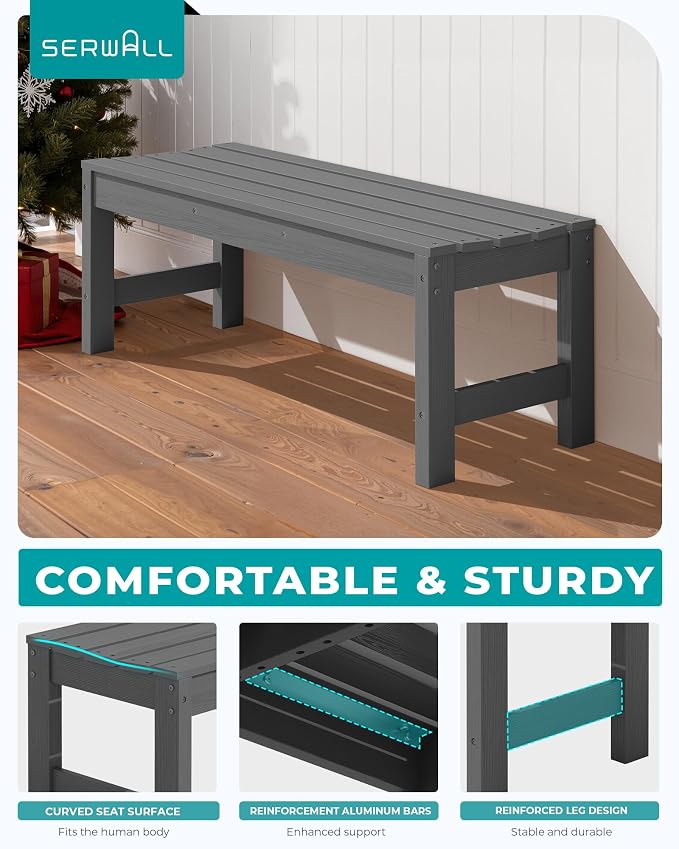 SERWALL 47 Inches Outdoor Bench, All Weather HDPE Backless Bench - Image 6