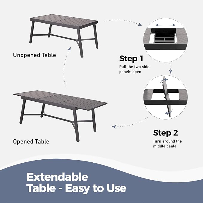 9 Piece Patio Dining Set for 8, Rectangular Extendable Dining Table, 8 Metal - Image 4