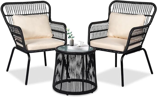 3 Piece Outdoor Wicker Furniture Bistro Set, Rattan Chairs Conversation Sets by HOMEZILLIONS